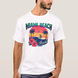 Miami Beach Surfer Sunset Hibiscus Florida Travel T Shirt
