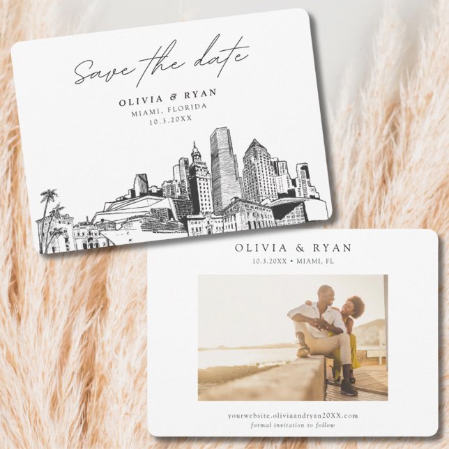 Miami Bröllop Skyline Sketch Modern Spara datum Inbjudningar (Miami wedding save the date)