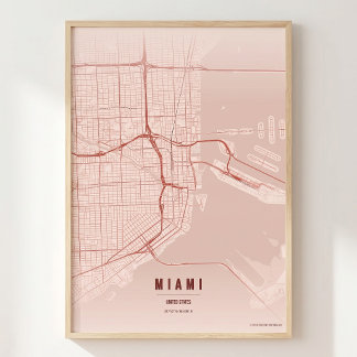 Miami Coral Tryck Florida Stadskarta Väggkonst Aff