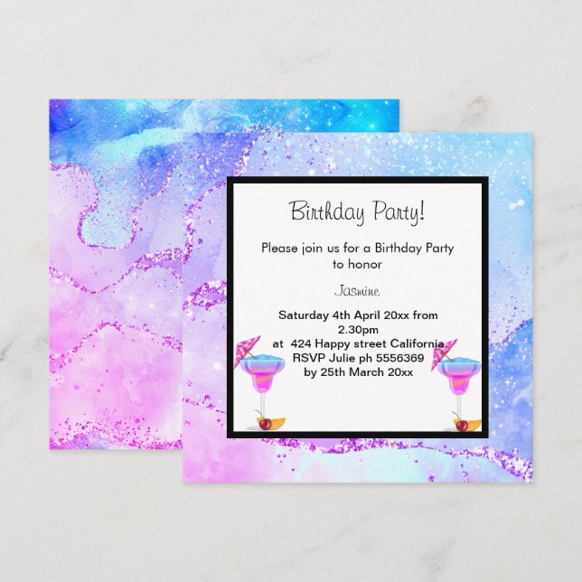 MIAMI DISCO COCKTAIL FÖDELSEDAGSFEST INBJUDAN (Fram/baksida)