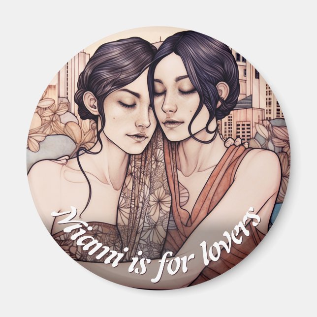 Miami Downtown Women Cuddling Lesbisk Teckning Magnet (Framsidan)