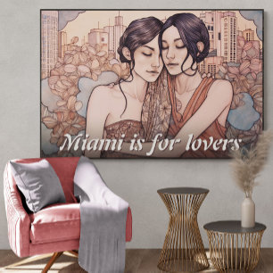 Miami Downtown Women Cuddling Lesbisk Teckning Poster