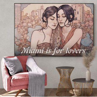 Miami Downtown Women Cuddling Lesbisk Teckning Poster