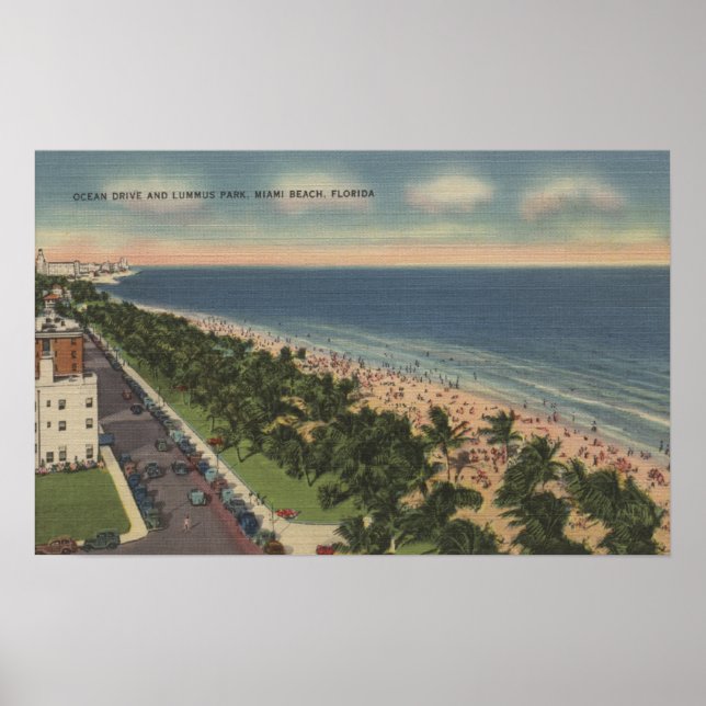 Miami, FL - Ocean Drive och Lummus Park Poster (Framsidan)