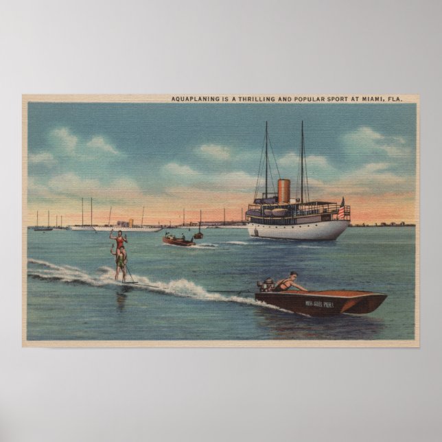 Miami, FL - Water Skiing Scene, Wooden Boat Poster (Framsidan)
