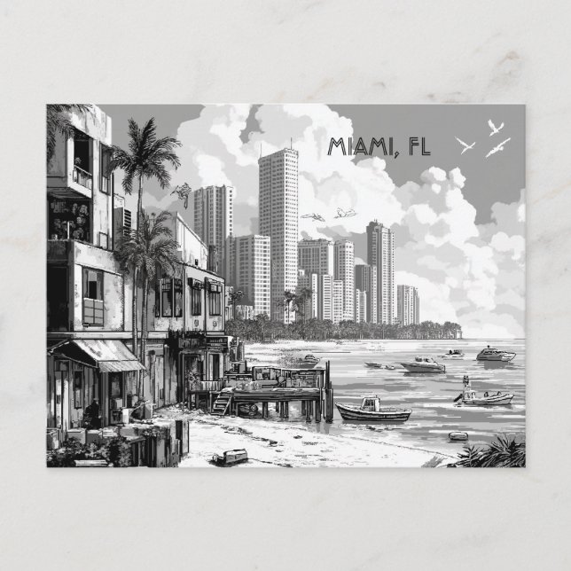 Miami Florida Black and White Travel Vykort (Framsida)