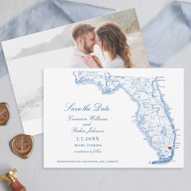 Miami Florida Bröllop Elegant Navy Karta Spara Datumet (Elegant Miami Florida save the date with navy blue map from Coastal Map Designs)