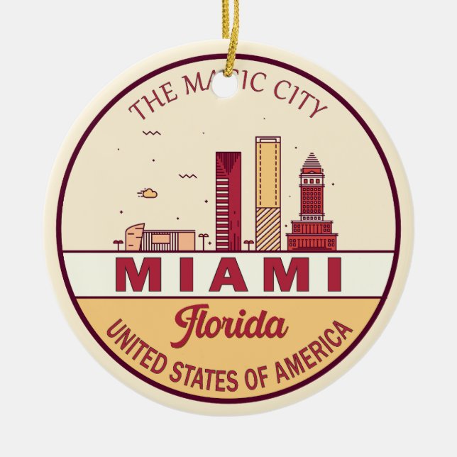 Miami Florida City Skyline Emblem Julgransprydnad Keramik (Framsidan)