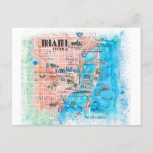 Miami Florida Illustrated Karta Vykort