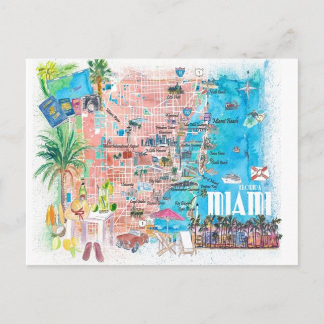 Miami Florida Illustrated Travel Karta med vägar Vykort (Framsida)