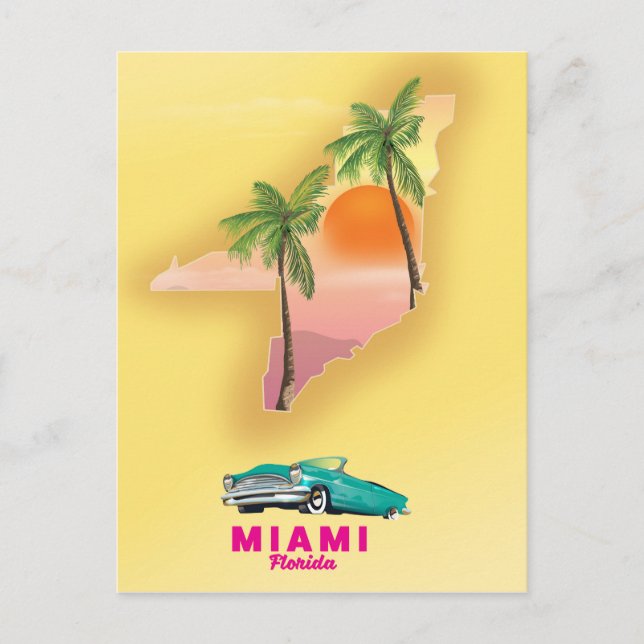 Miami Florida illustrerad kartaffisch Vykort (Framsida)