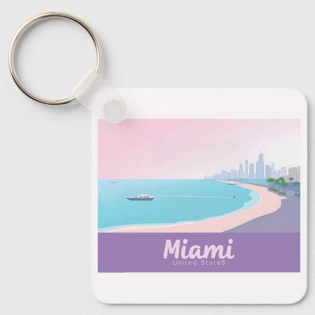 Miami Florida Kusten Cityscape Pastel Travel Nyckelring (Framsida)