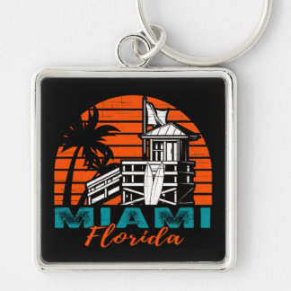 Miami Florida Life Guard Shack Sunset Fyrkantig Silverfärgad Nyckelring