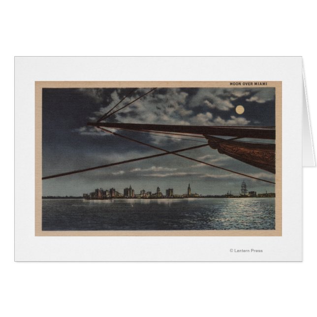 Miami, Florida - Moonlit View of City Over Vatten Hälsningskort (Framsidan Horizontal)