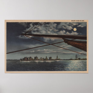 Miami, Florida - Moonlit View of City Over Vatten Poster