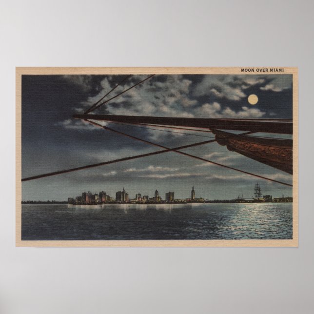 Miami, Florida - Moonlit View of City Over Vatten Poster (Framsidan)