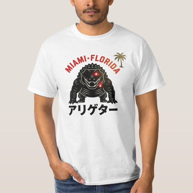 Miami Florida Retro Kaiju Alligator Japanese Style T Shirt (Framsida)