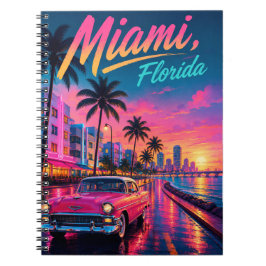 Miami Florida Retro Neon Solnedgång Resa Anteckningsbok