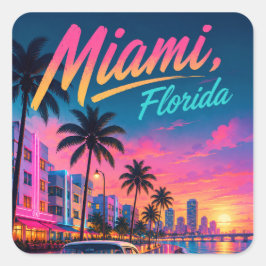 Miami Florida Retro Neon Solnedgång Resa Fyrkantigt Klistermärke
