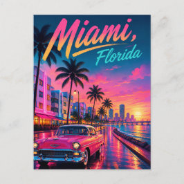 Miami Florida Retro Neon Solnedgång Resa Helg Vykort