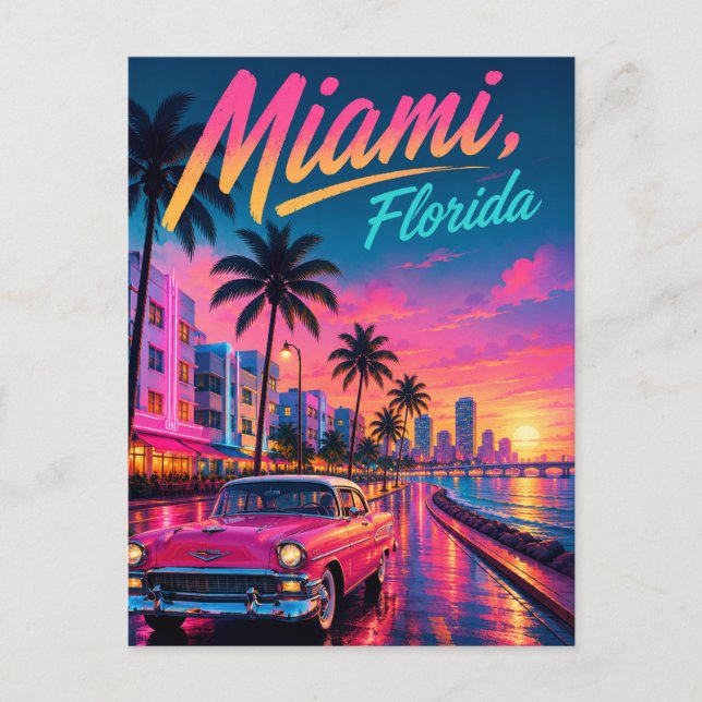 Miami Florida Retro Neon Solnedgång Resa Helg Vykort (Framsida)