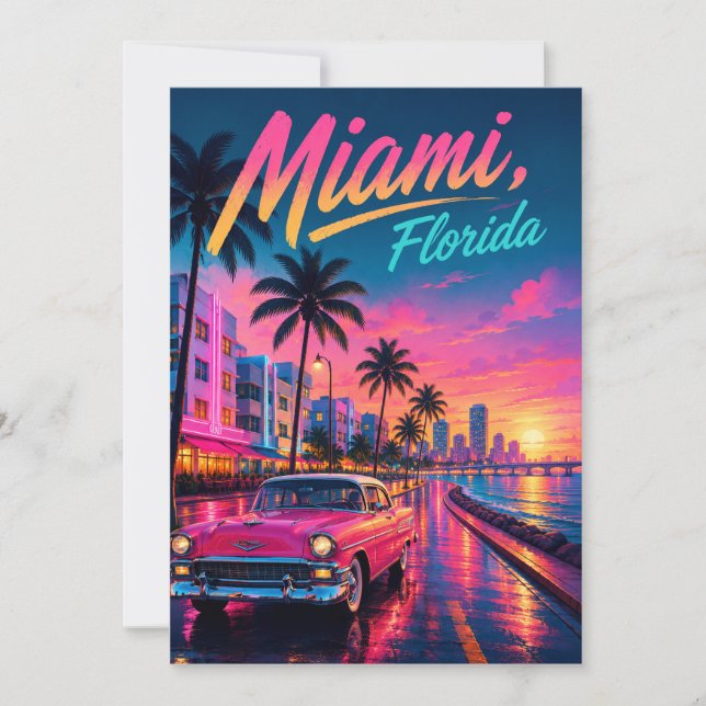 Miami Florida Retro Neon Solnedgång Resa Inbjudningar (Framsida)