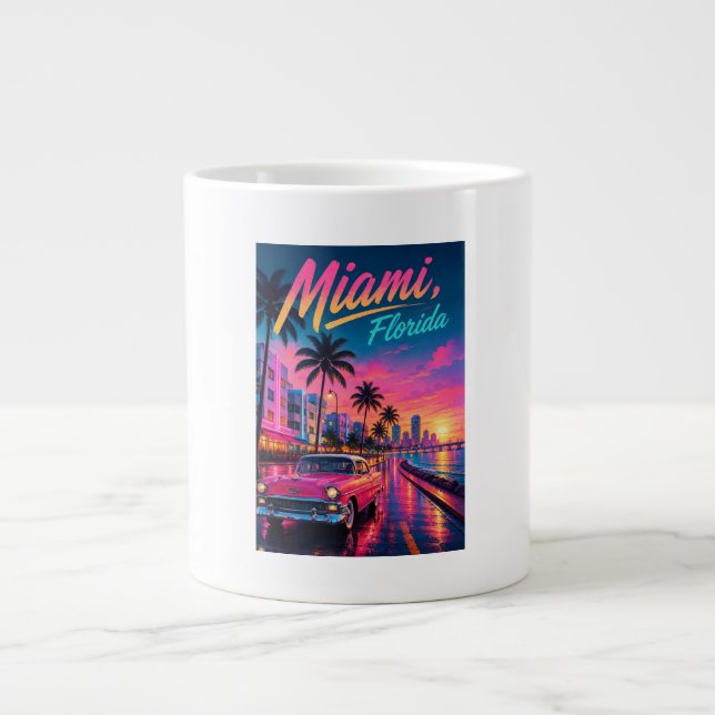 Miami Florida Retro Neon Solnedgång Resa Jumbo Mugg (Framsidan)