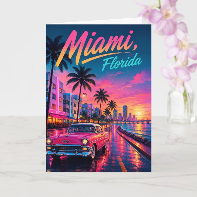 Miami Florida Retro Neon Solnedgång Resa Kort (Orkide)