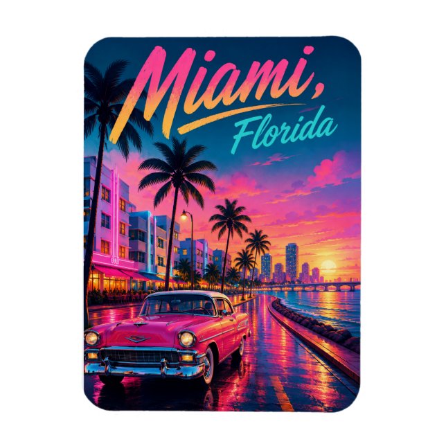 Miami Florida Retro Neon Solnedgång Resa Magnet (Vertikal)