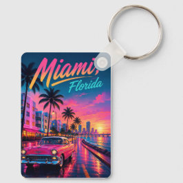 Miami Florida Retro Neon Solnedgång Resa Nyckelring