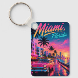 Miami Florida Retro Neon Solnedgång Resa Nyckelring
