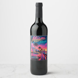 Miami Florida Retro Neon Solnedgång Resa Vinflaska Etikett
