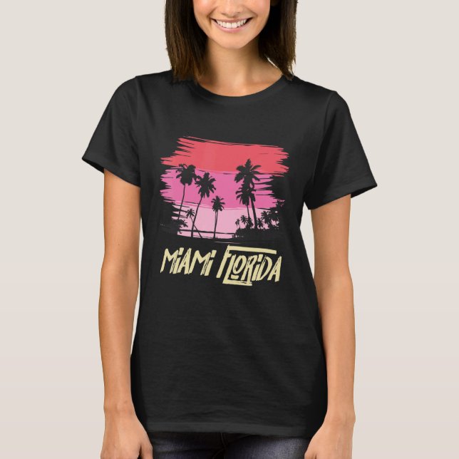 Miami Florida Skyline Handflatan Träd Retro Miami  T Shirt (Framsida)