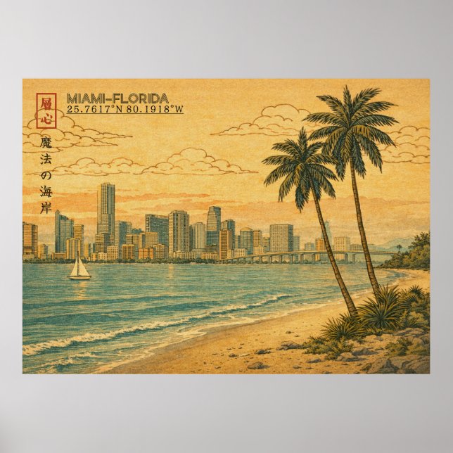 Miami Florida Skyline in Japanese Ukiyo-e Poster (Framsidan)
