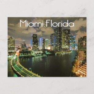 Miami Florida Skyline och Harbour At Nattght- USA Vykort