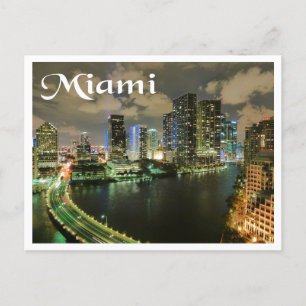 Miami Florida Skyline och Harbour At Nattght- USA Vykort