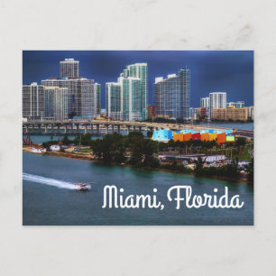 Miami Florida Skyline och Harbour At Nattght- USA Vykort