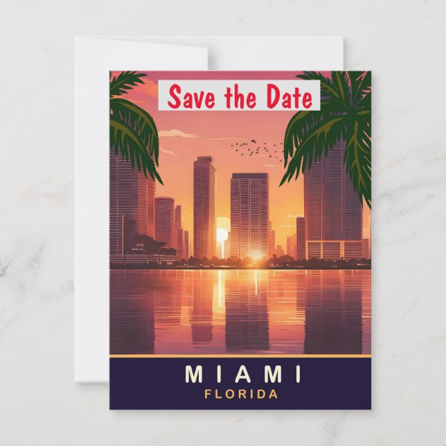 Miami Florida Solnedgång Skyline Guld Bröllop Spara Datumet (Framsida)