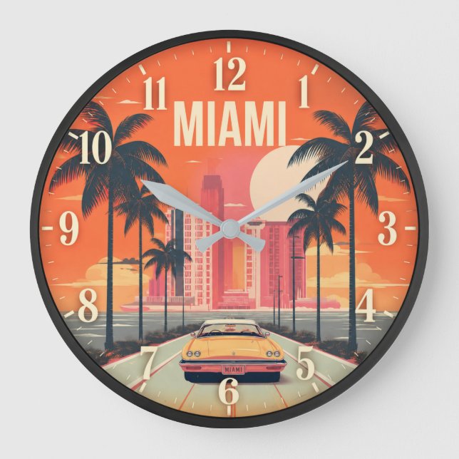 Miami Florida Sunset Retro Coastal Cityscape Stor Klocka (Framsida)