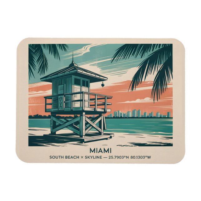 Miami Florida Travel South Beach Minimalist Retro Magnet (Horisontell)