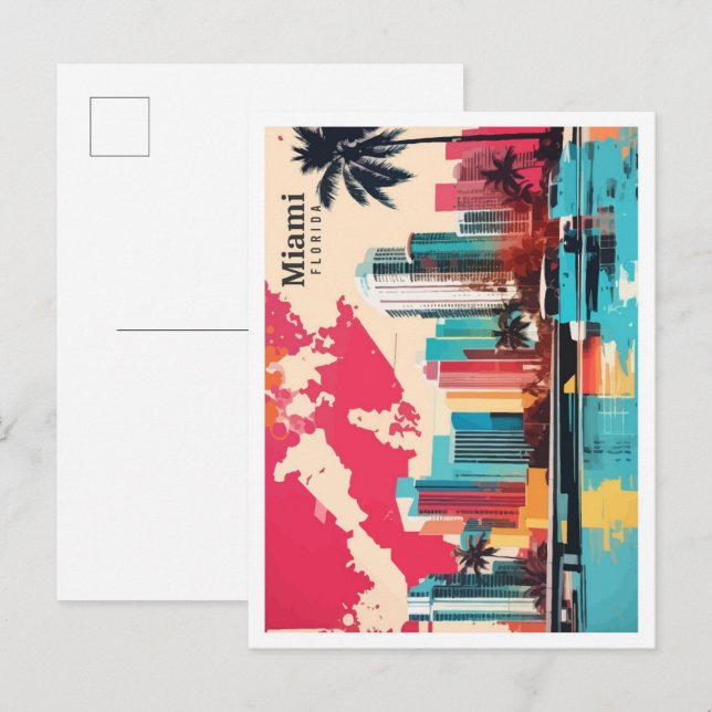 Miami Florida USA Pop Art Travel Illustration Vykort (Fram/baksida)