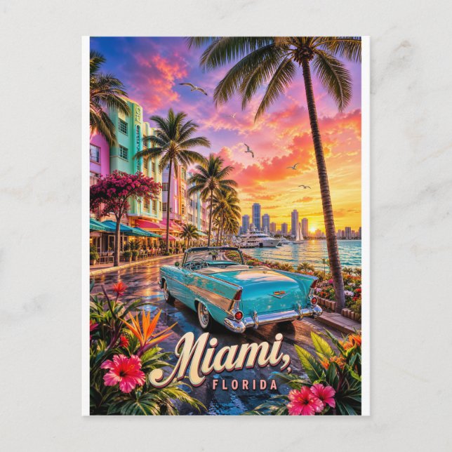 Miami Florida Vattenfront Solnedgång Vykort (Framsida)