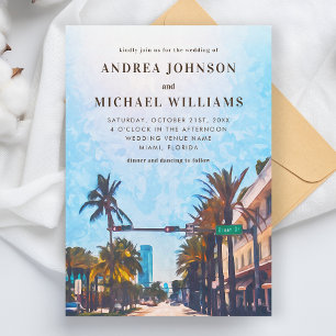 Miami Florida Watercolor City Destination Wedding Inbjudningar