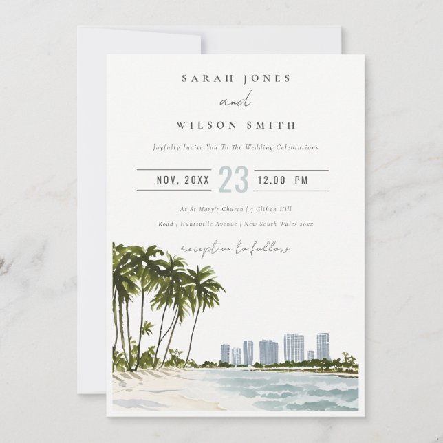 Miami Florida Watercolor Handflatan Landcape Bröll Inbjudningar (Framsida)