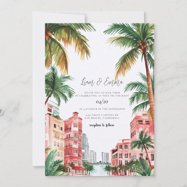 Miami Florida Watercolor Wedding Invitation Inbjudningar (Framsida)