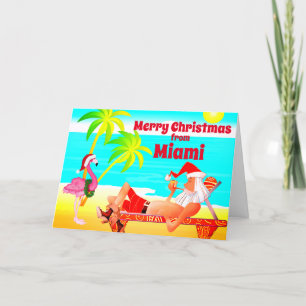 Miami God jul Santa och Flamingo Beach Helgkort