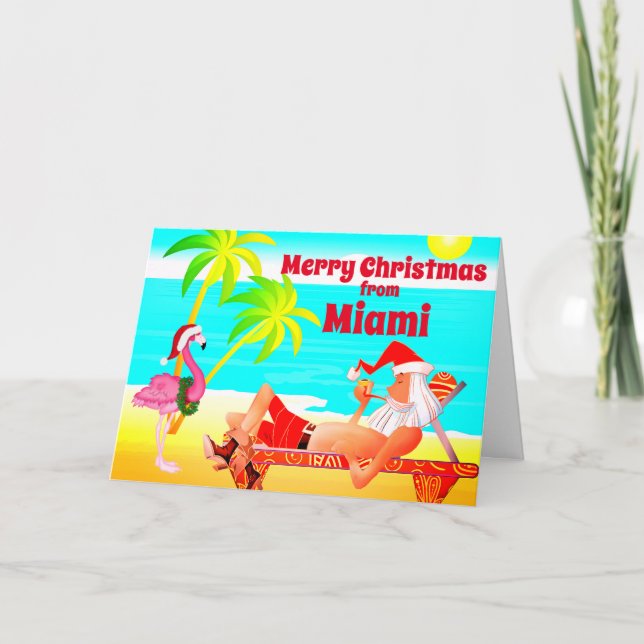 Miami God jul Santa och Flamingo Beach Helgkort (Framsida)