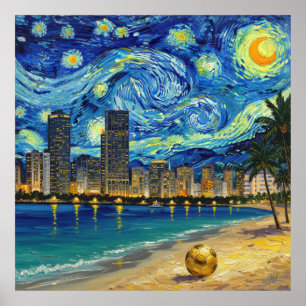 Miami Golden Shore Fotboll Elegant och Olja Finkon Poster