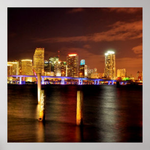 Miami horisont på natten, Florida Poster
