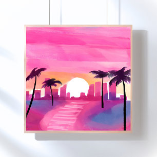 Miami i Rosa Ljus Akvarellmålning Poster